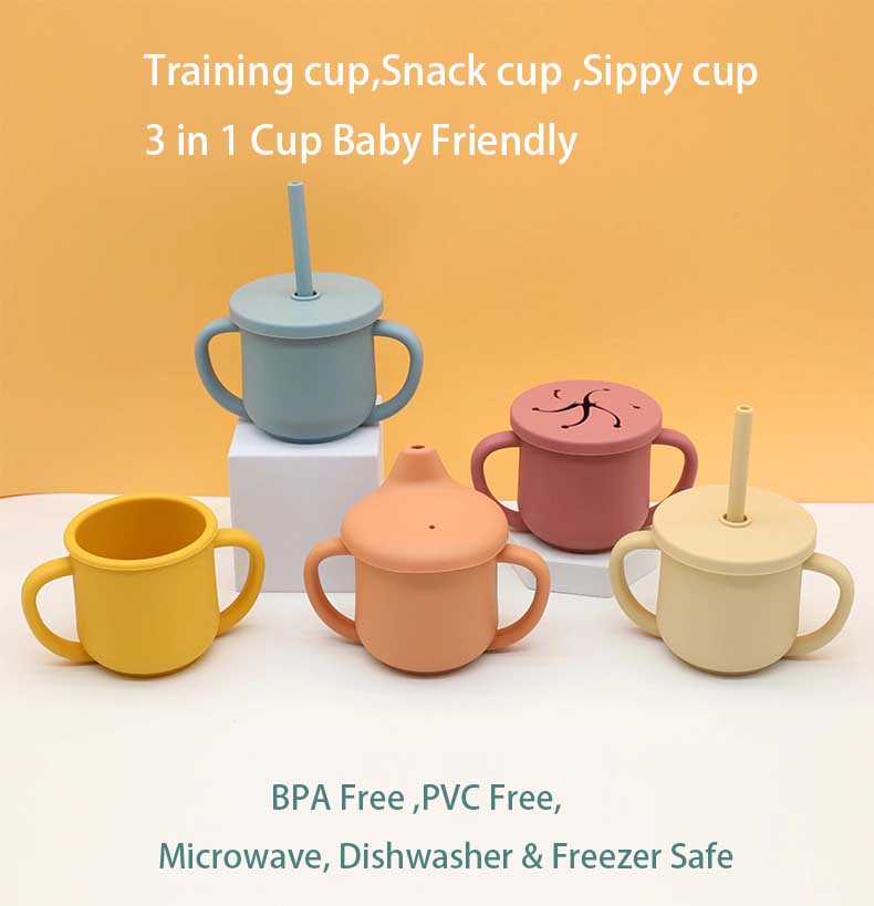 3-in-1 silicone baby cup with straw, spout, and snack lids BPA Free