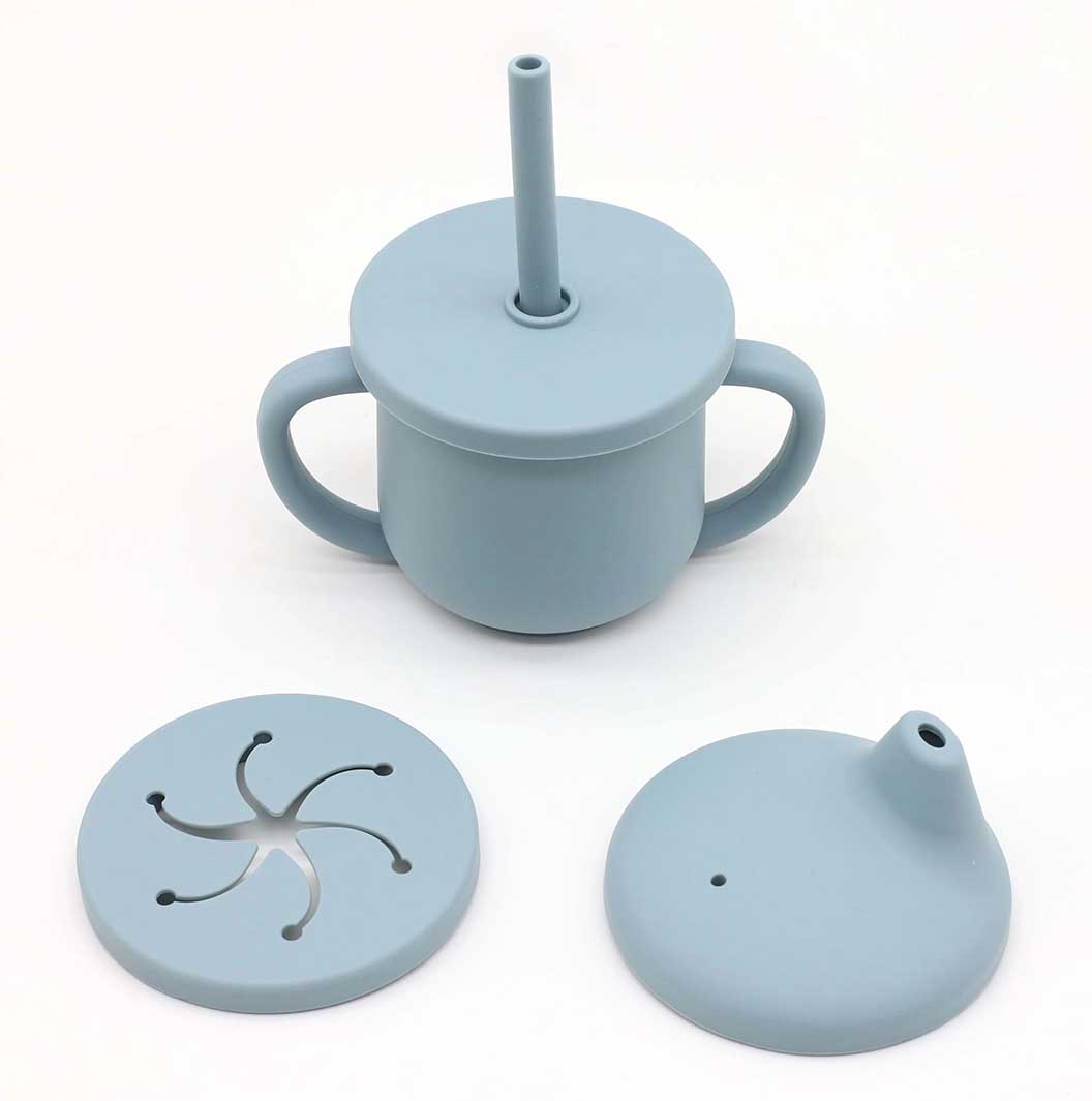3-in-1 silicone baby cup with straw, spout, and snack lids-Blue