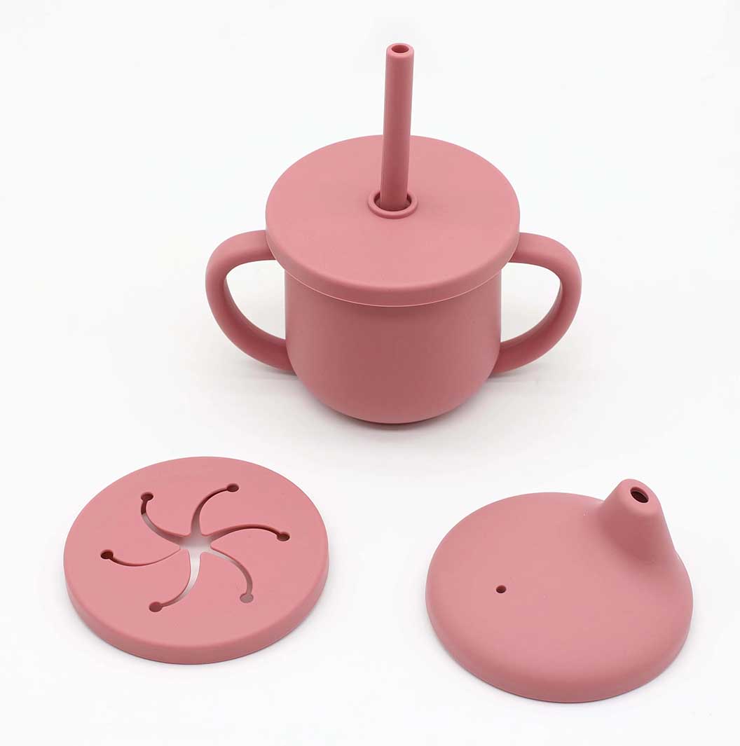 3-in-1 silicone baby cup with straw, spout, and snack lids