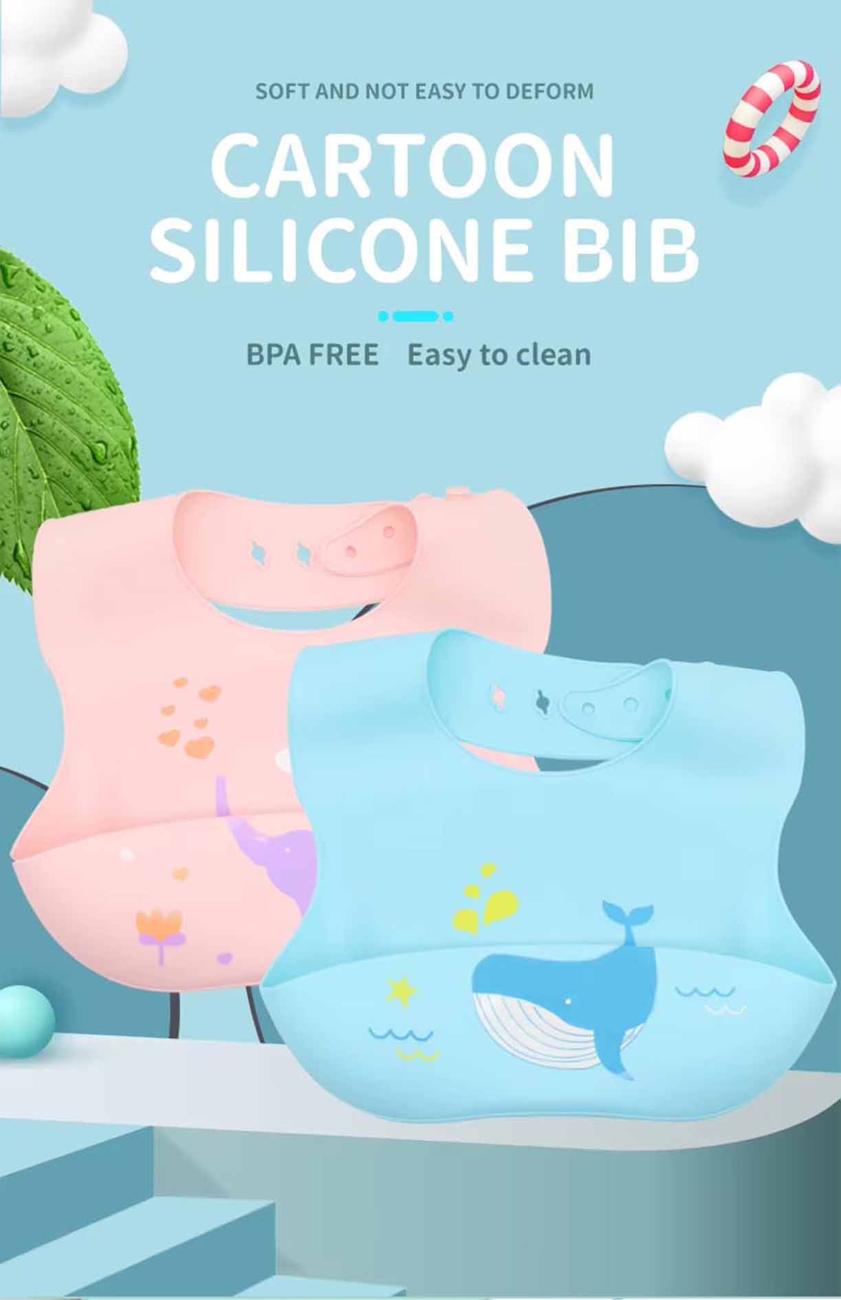 Baby Silicone Bib with Food Catcher Cute Animal Prints soft