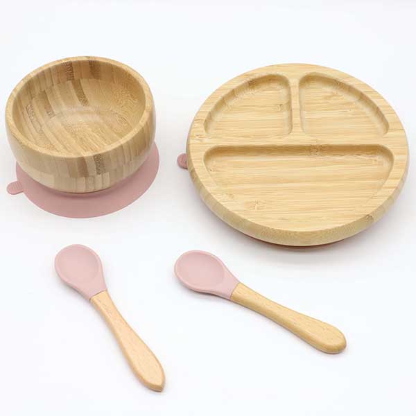 Bamboo Baby Plates,Silicone Baby 3 Compartment Suction Round Bamboo Plate BPA Free YSC