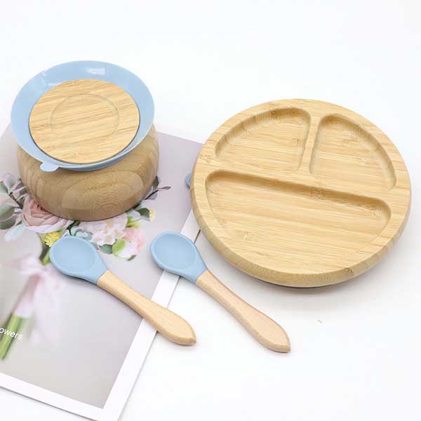 Bamboo Baby Plates,Silicone Baby 3 Compartment Suction Round Bamboo Plate Custom YSC