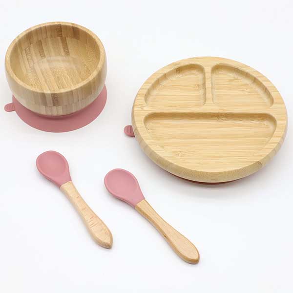 Bamboo Baby Plates,Silicone Baby 3 Compartment Suction Round Bamboo Plate Easy to Clean YSC