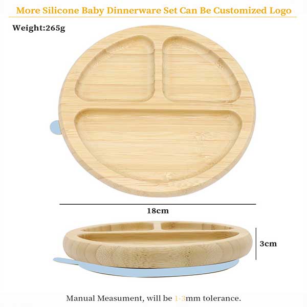 Bamboo Baby Plates,Silicone Baby 3 Compartment Suction Round Bamboo Plate No Cracking