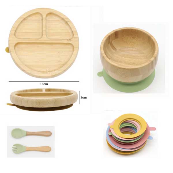 Bamboo Baby Plates,Silicone Baby 3 Compartment Suction Round Bamboo Plate Smooth Surface