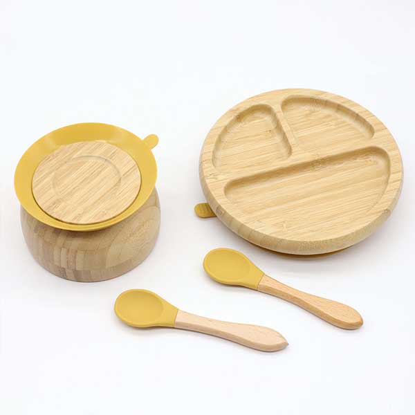 Bamboo Baby Plates,Silicone Baby 3 Compartment Suction Round Bamboo Plate with Spoon Bowl set YSC