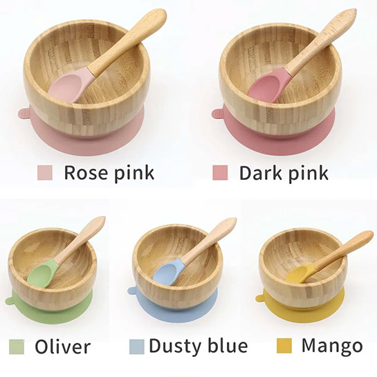 Bamboo Bowl With Suction Silicone Baby Feeding Bowl Spoon Set