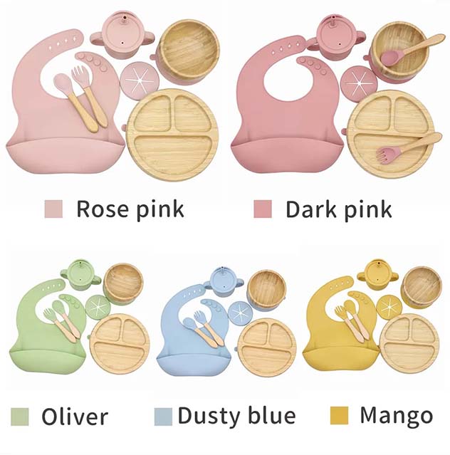 Bamboo Silicone Baby Suction Bowl Divided Plate Sippy Snack Drinking Cup color custom