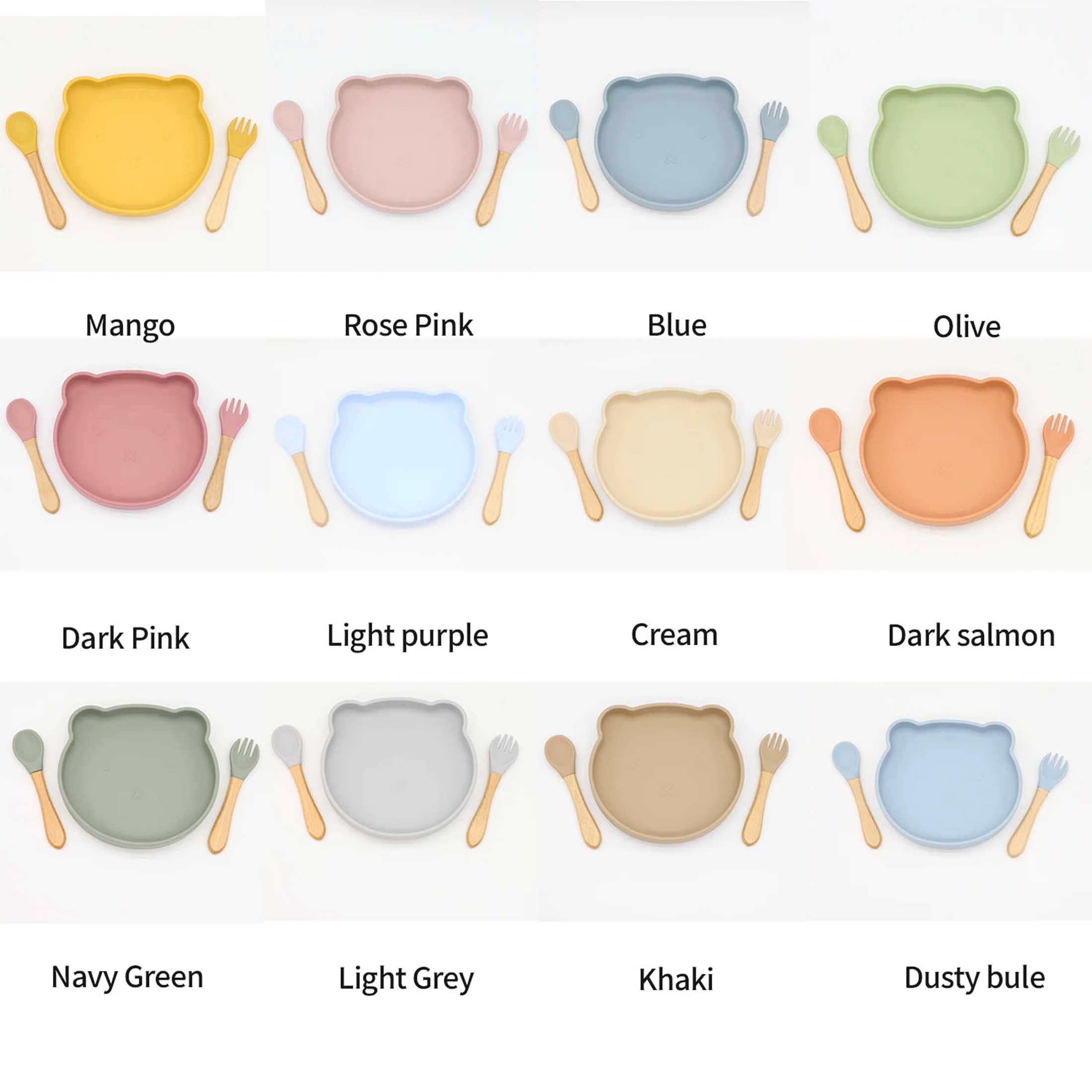 Silicone Childrens Plates,Silicone Baby Cute Bear Plate with Spoon Fork BPA Free