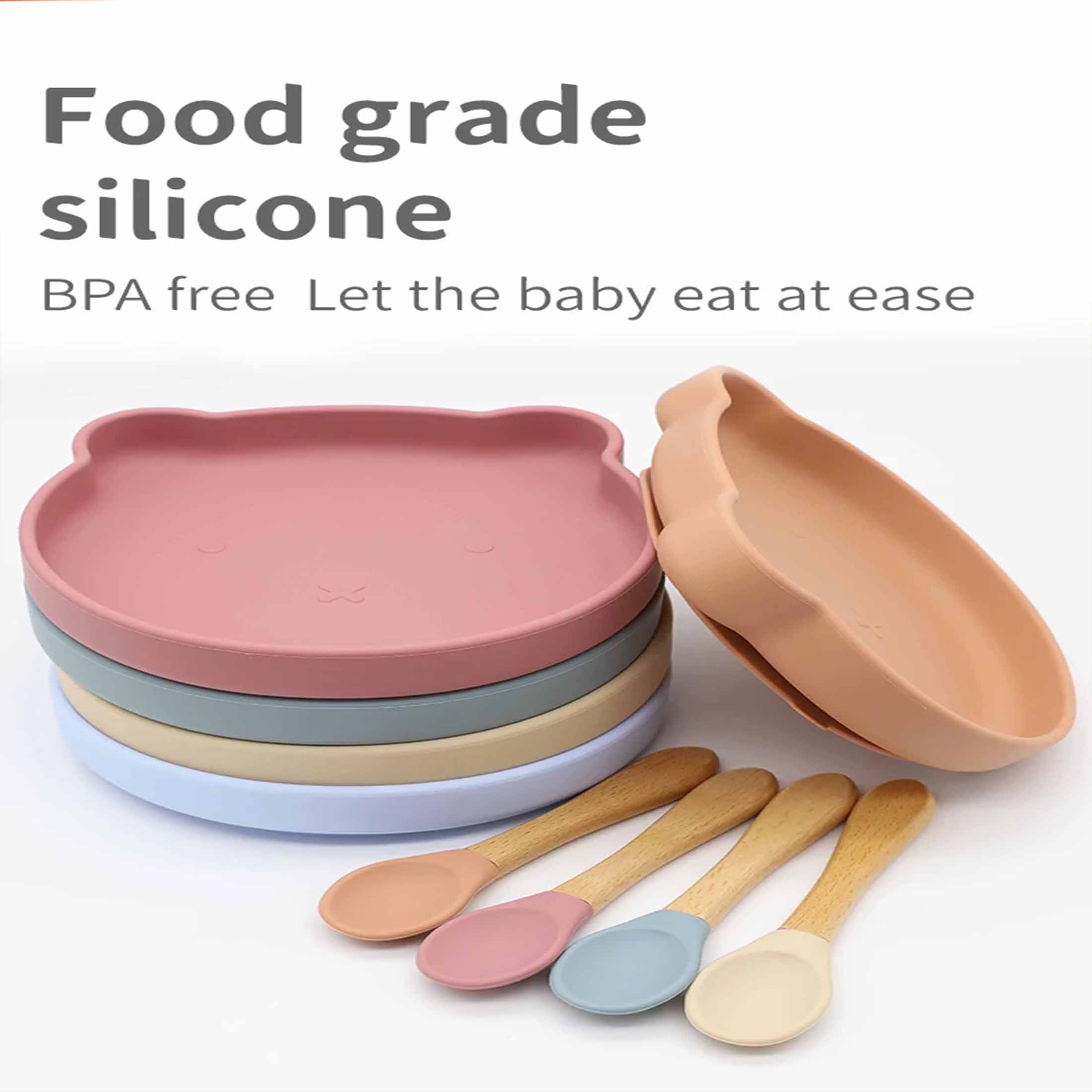 Silicone Childrens Plates,Silicone Baby Cute Bear Plate with Spoon Fork Non-Toxic