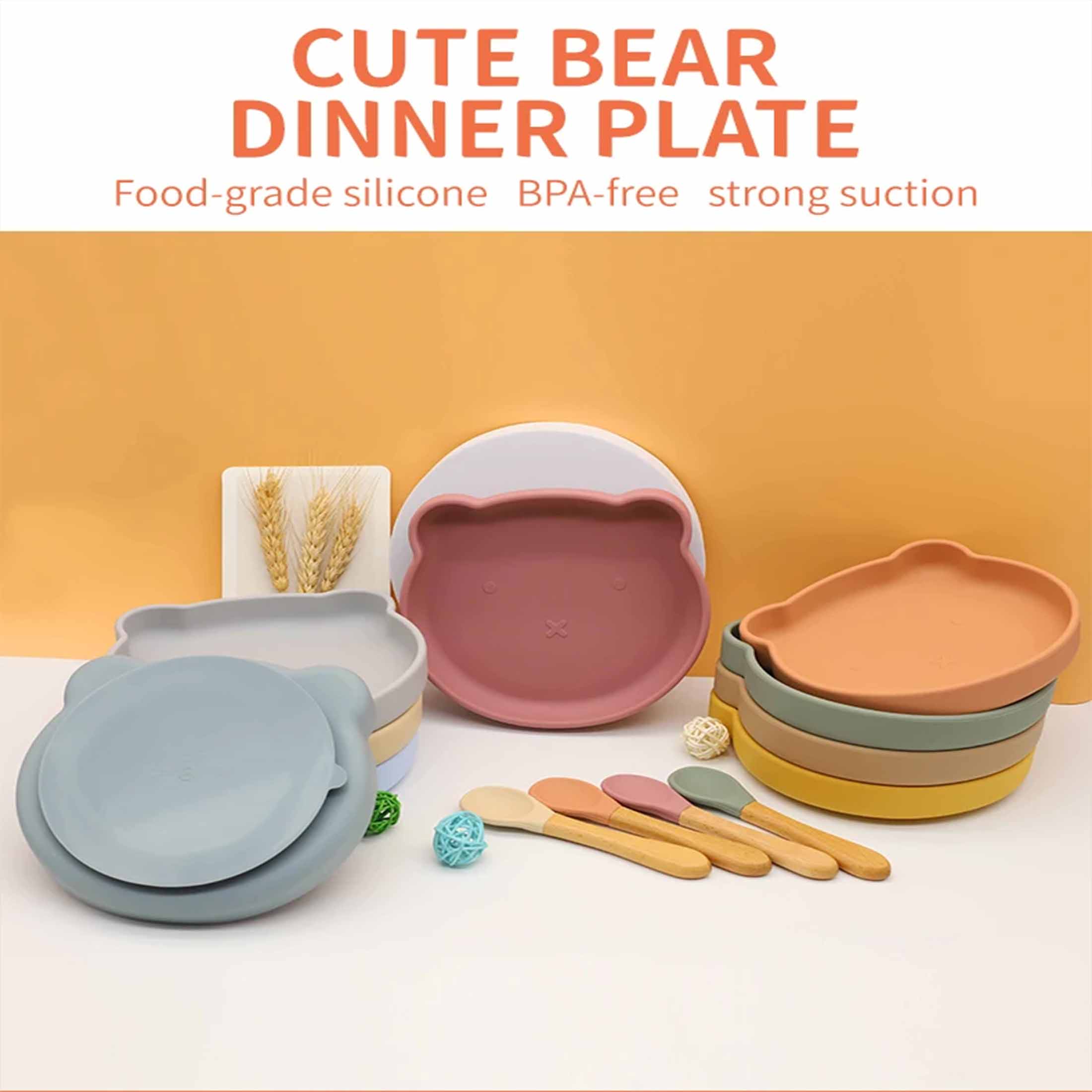 Silicone Childrens Plates,Silicone Baby Cute Bear Plate with Spoon Fork cute animal
