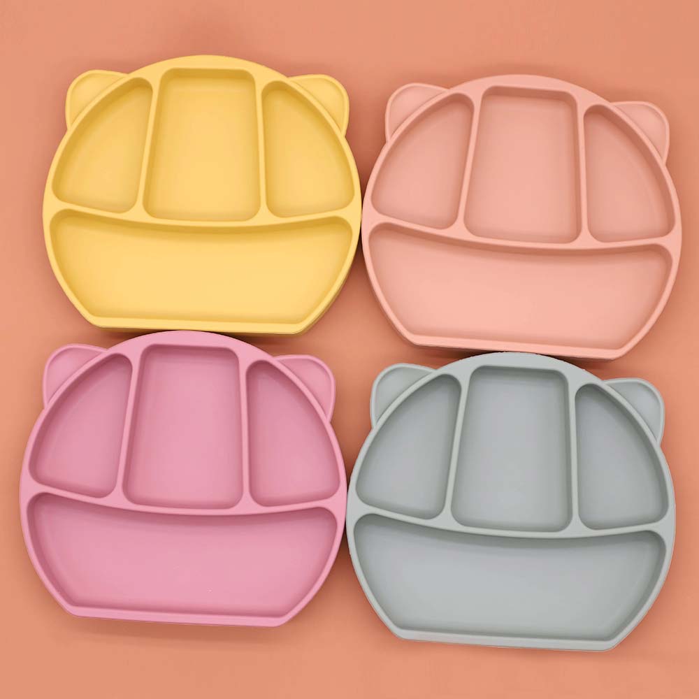 silicone baby plate,silicone Baby 4 Compartment Animal Cat Ear Plate Custom Colors