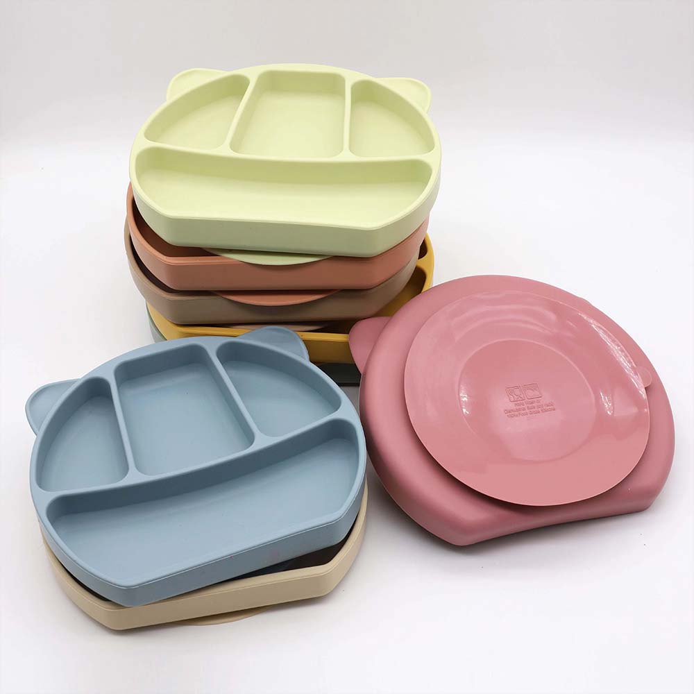 silicone baby plate,silicone Baby 4 Compartment Animal Cat Ear Plate Hot Selling