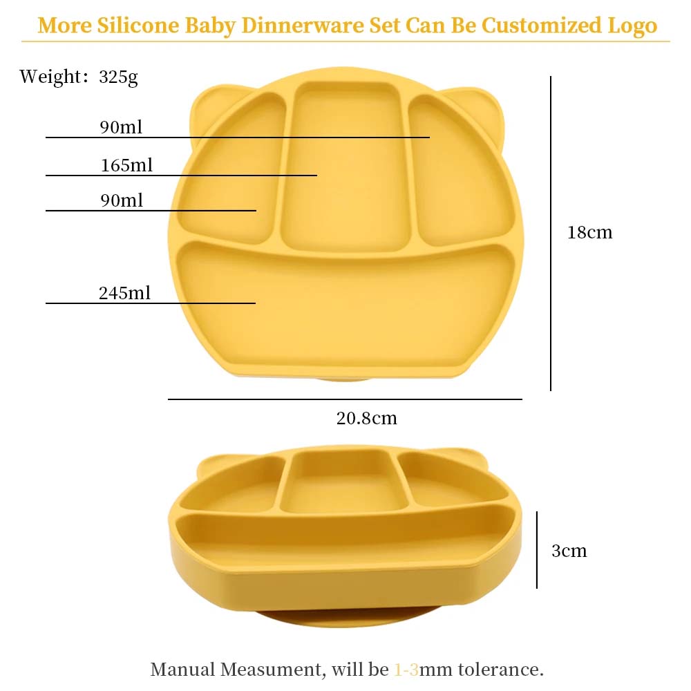 silicone baby plate,silicone Baby 4 Compartment Animal Cat Ear Plate Strong Suction