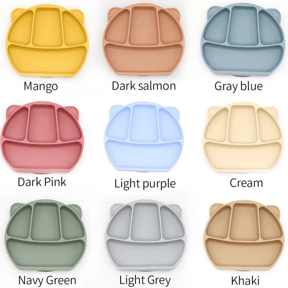 silicone baby plate,silicone Baby 4 Compartment Animal Cat Ear Plate Suction