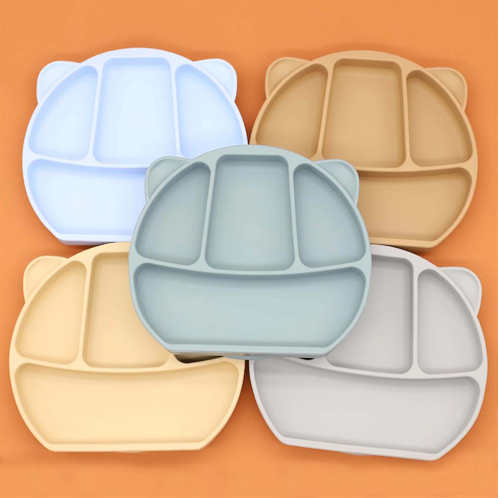 silicone baby plate,silicone Baby 4 Compartment Animal Cat Ear Plate soft